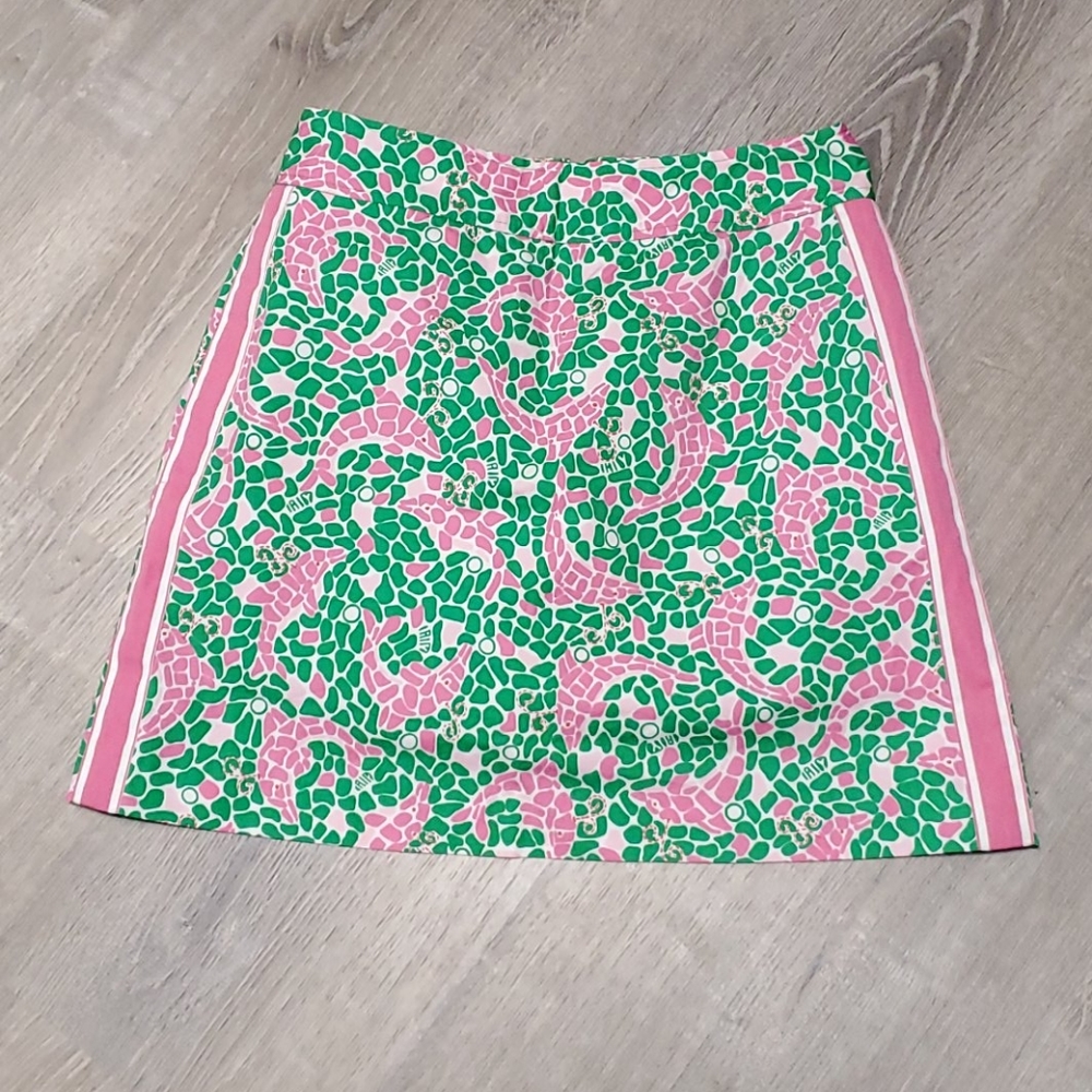 Vintage Lilly Pulitzer called dolphins mini skirt green pink women size 2